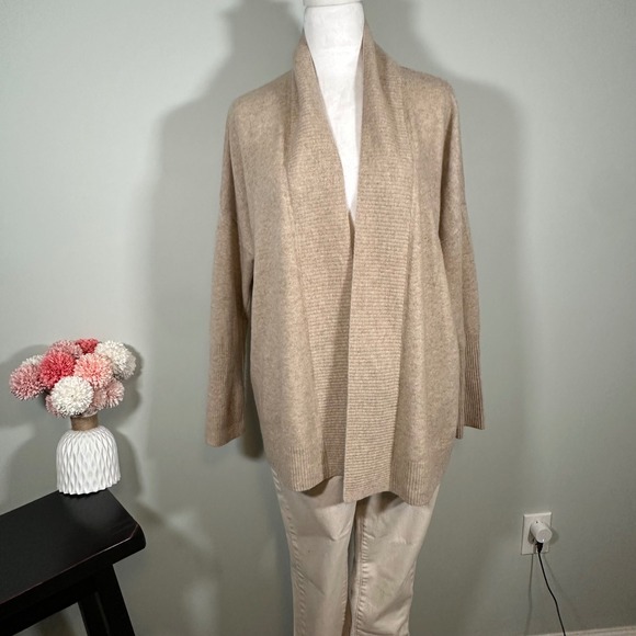 Tahari Pure Luxe 100% Cashmere Tan Open Front Cardigan Womens Size L - Picture 1 of 8